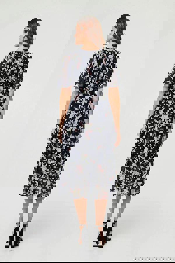 Navy | Floral Ruched Angel Sleeve Midi Dress