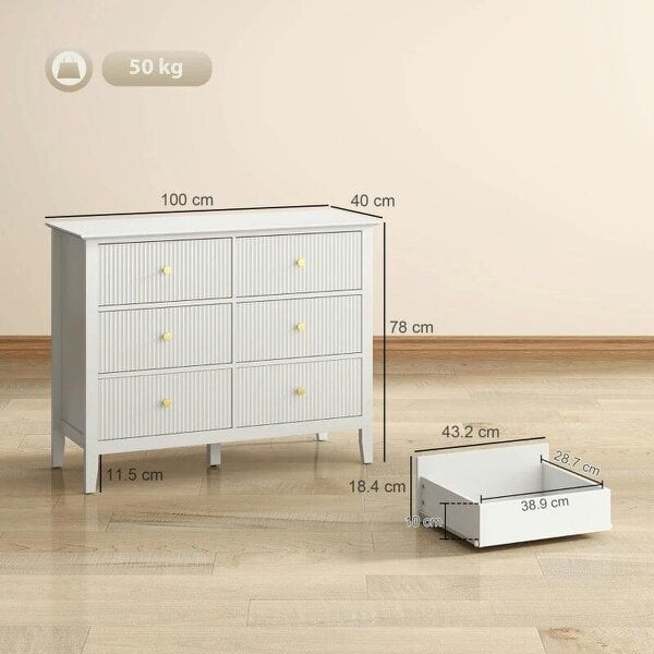 Fluted Dresser, 6 Drawer Chest of Drawers for Bedroom, Living Room, Hallway, Closet, White