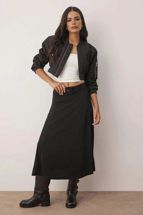 WOVCOR Skater Maxi Stretch Knit Skirt with Belt Detail