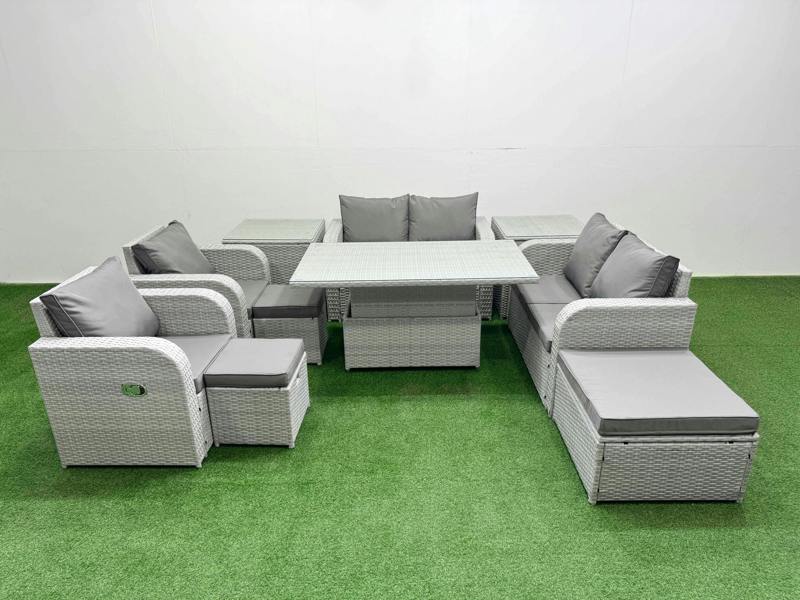 Fimous 9 Seater Outdoor Sofa Set, Rattan Garden Furniture, Adj Height Table, Reclining Love Sofa, 3 Stools and 2 Side Tables, Light Grey
