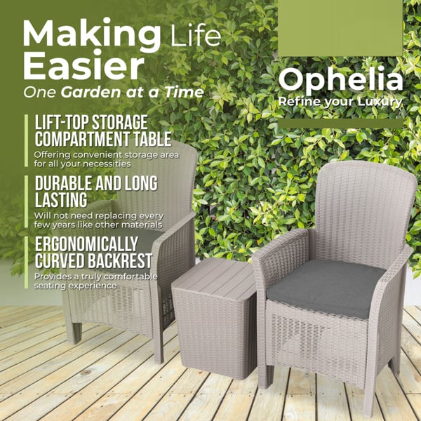 Homeology OPHELIA 3-Piece Rattan Garden Furniture High Back Armchair Set with Side Table in Grey