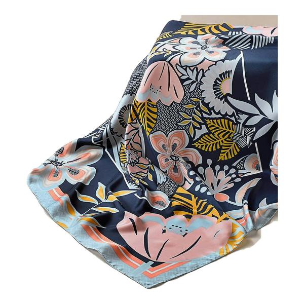 Pia Navy Floral Scarf, Silk-Feel Polyester Scarf with Yellow & Pink Print