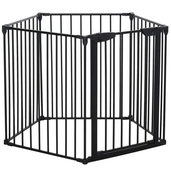 Black metal pet playpen fence enclosure with 5 panels and hinged gate