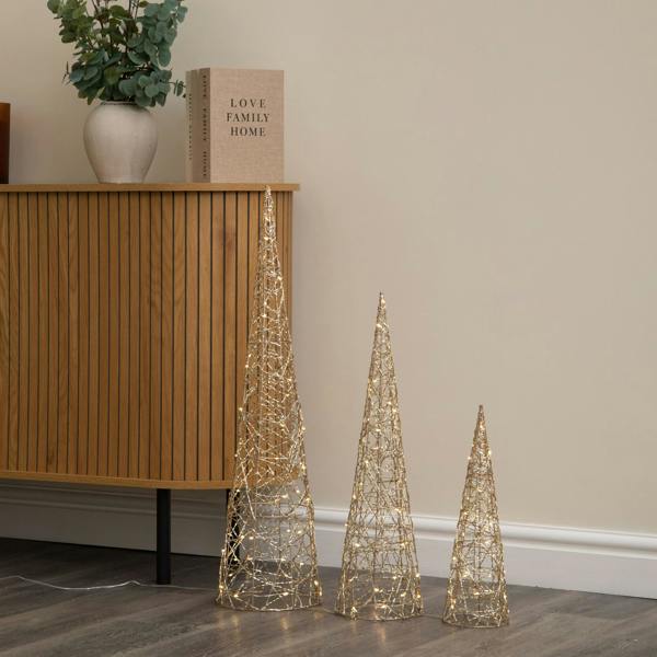 Samuel Alexander Set of 3 Gold Light Up Gold Christmas Cones Decorations with 120 Warm White LEDs