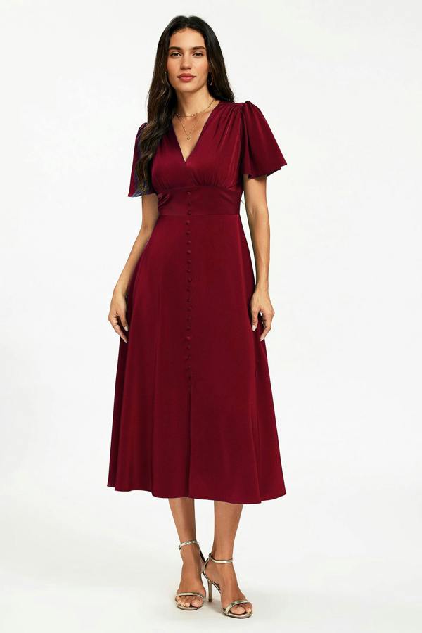 FS Collection Satin V neckline Button Detail Dress In Wine
