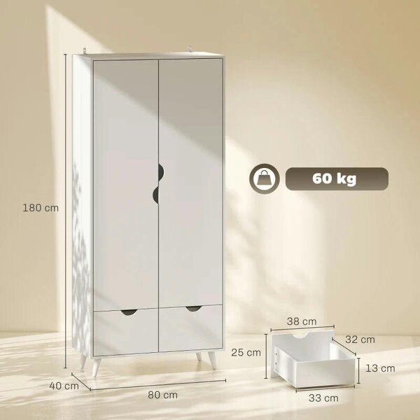 Elegant Home Storage Organisation Furniture, 2-Door Clothes Wardrobe with 2 Drawers, Wood Feet, White