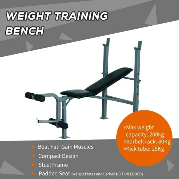 Adjustable weight bench with barbell rack and black padded seat, four-level back support