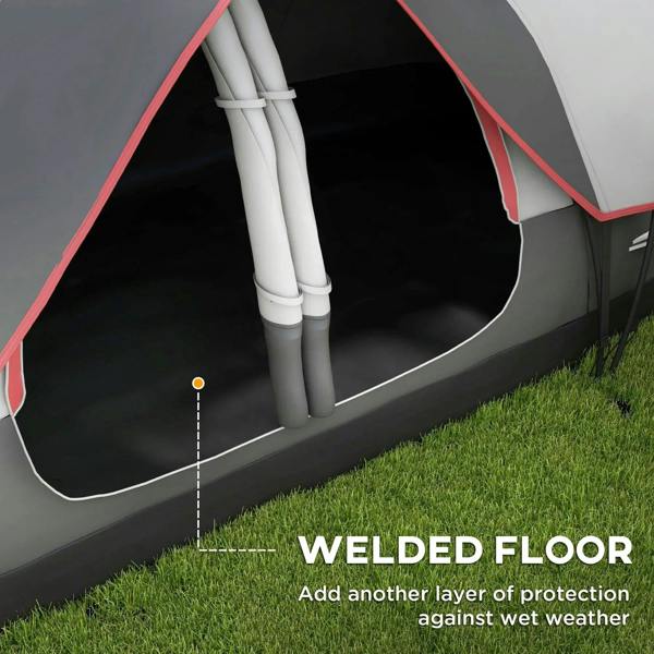 Grey camping tent with arched front opening and central support poles