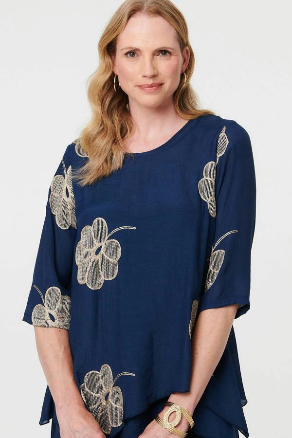 Navy | Embroidered Texture Layered Blouse