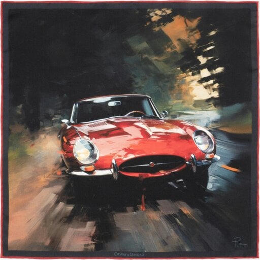Otway & Orford 'Redlining Rush' sports car silk pocket square in red & grey (42 x 42cm)