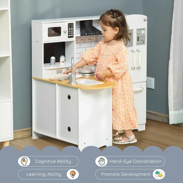 White kids play kitchen with sink faucet and front cabinet drawers