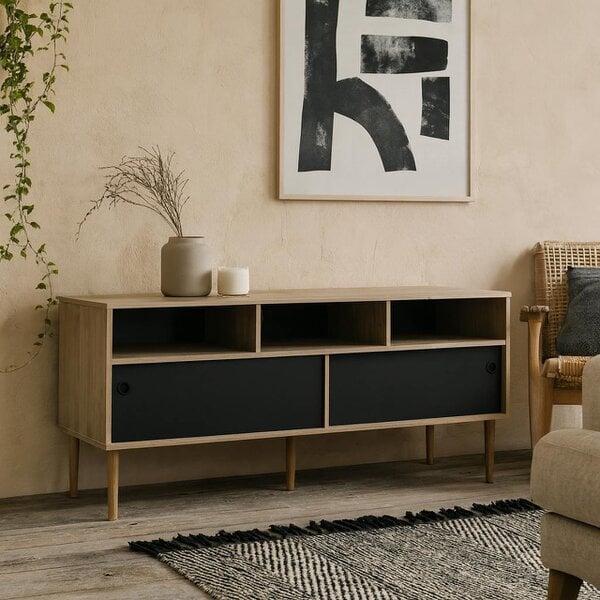 Wyld Haus Tao Natural Oak Effect and Matt Black TV Unit 2 Sliding Doors