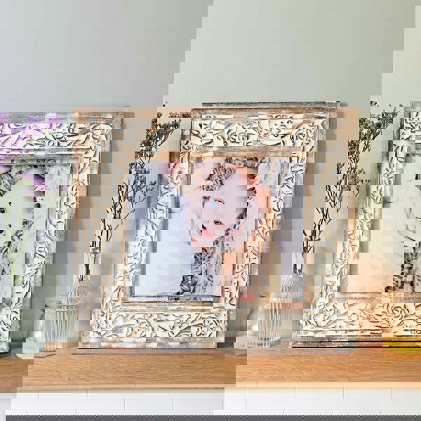 Paper High Iksu Antique White Floral Mango Wood Photo Frame