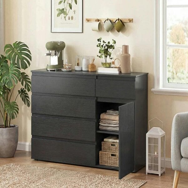 Modern Chest Of Drawers, 5 Drawer Dresser with Adjustable Shelf, Soft-Close Door, Black - Black