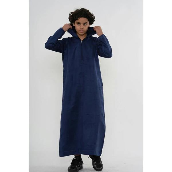 HM12 - Boy's Hooded Suede Emirati Omani Zipped Thobe - Navy - Thobez - 5