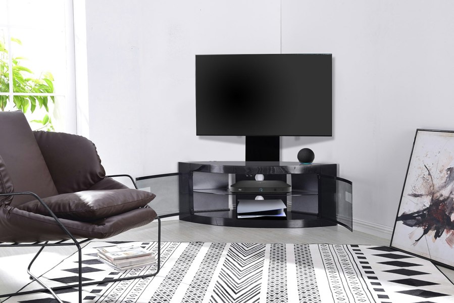Centurion Supports PANGEA Gloss Black Beam-Thru Curved True-Corner 32"-50" TV Cabinet with Mounting Arm