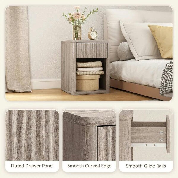 Modern Bedside Table Set of 2, Bedside Cabinet with Drawer and Open Shelf, Side End Table, Nightstand for Bedroom, Oak