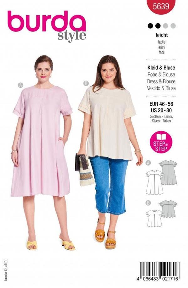Burda Sewing Pattern 5639 Tops, Tunics and Dresses For Women, 20 to 30 - Easy