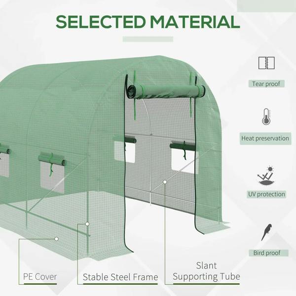 Green PE-covered walk-in greenhouse with steel frame and roll-up door