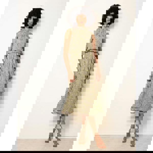 Blue Vanilla Paisley Print Rhinestone High Neck Midi Dress