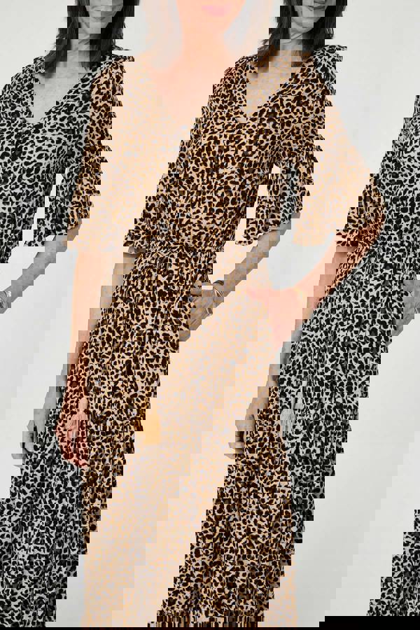 Beige | Animal Print 3/4 Flare Sleeve Maxi Dress