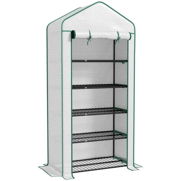 Mini greenhouse with white PE cover and black wire shelves, open front view