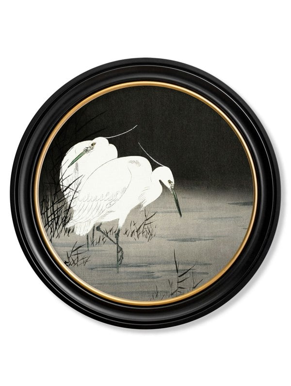 Exceptional Art c.1910 Two Egrets in Reeds - Ohara Koson - Round