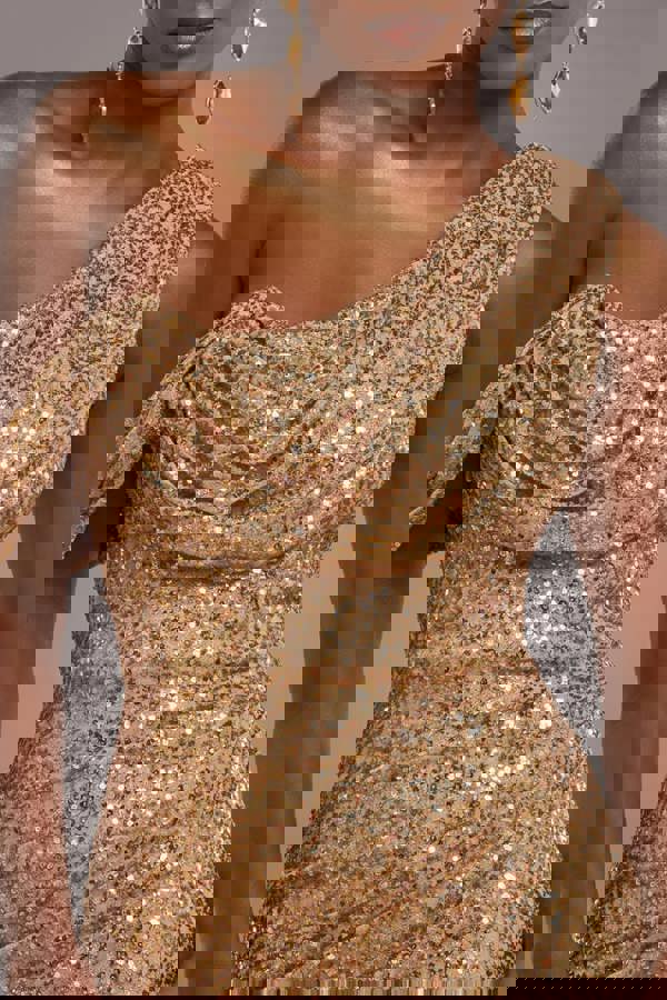 Sequin Cowl One Shoulder Maxi Dress - Gold DR4020