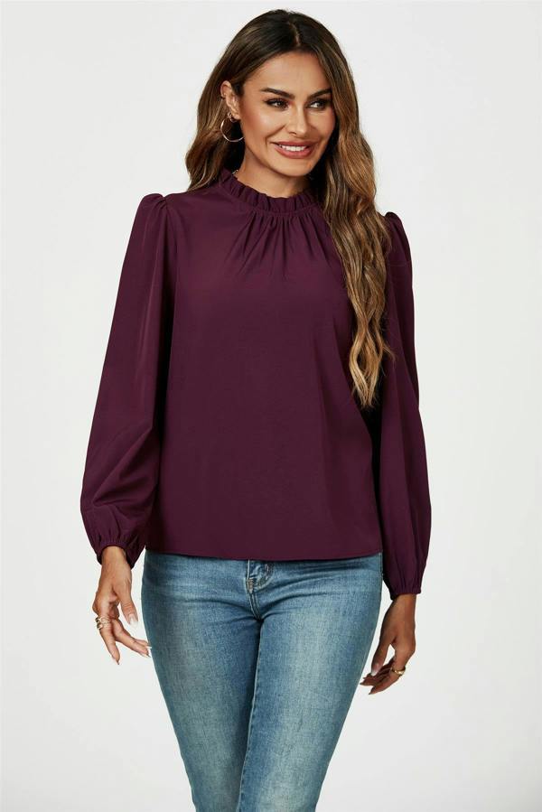 FS Collection Frill Detail High Neck Top In Plum