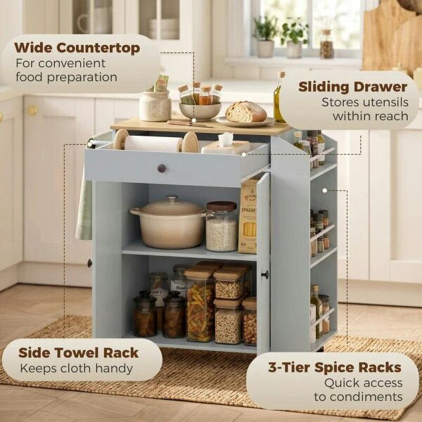 Rolling Kitchen Island with 3-Tier Spice Rack, Kitchen Storage Cart with Drawer and Towel Rack, Light Blue