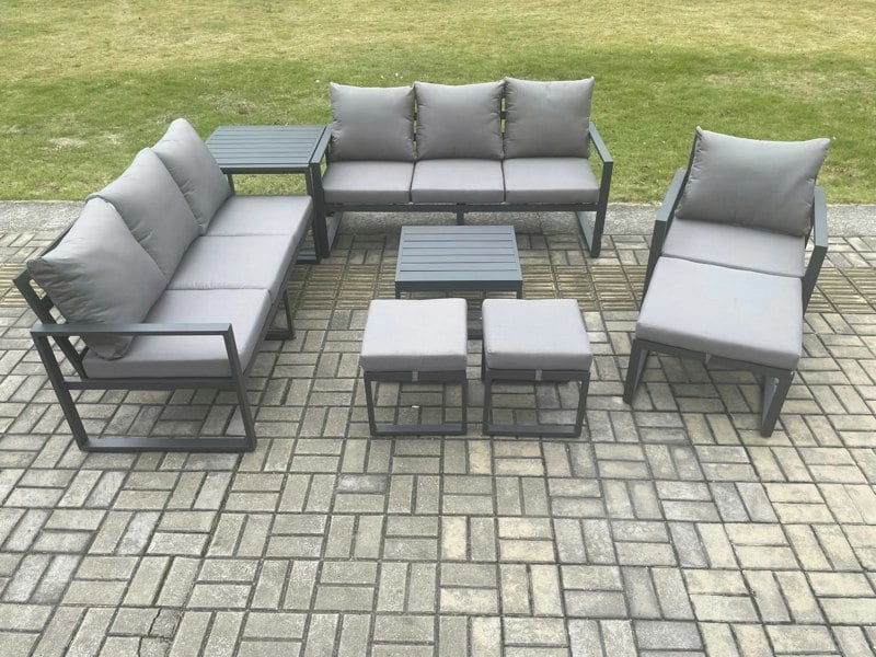 Fimous Aluminium Outdoor Lounge Sofa Set Garden Furniture Sets with Square Coffee Table Chair 3 Footstools Side Table Dark Grey