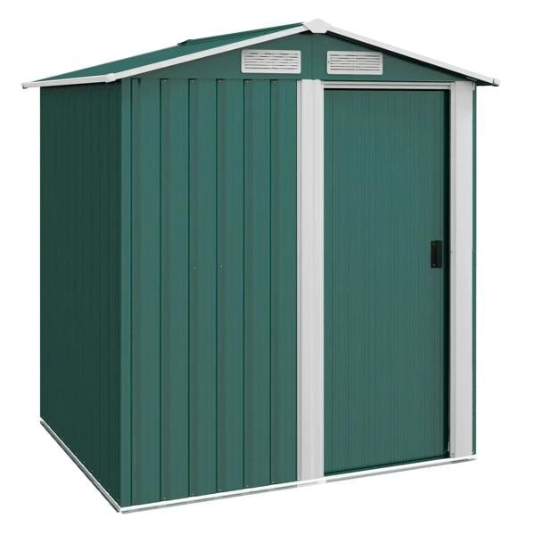 Green metal garden storage shed with sloped roof and sliding door, front view
