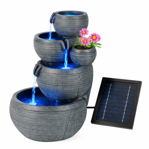 Gardenwize Solar Powered 4-Tier Cascading Bowl Water Feature with Battery Backup & LED Lights, Self-Contained Outdoor Garden Water Feature