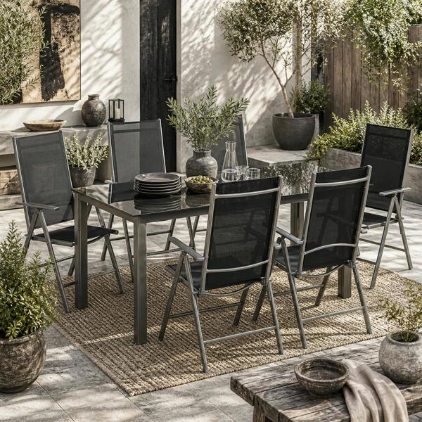 Wyld Haus Lule 6 Seater Aluminium Black Garden Dining Set With Folding Mesh Chairs And Glass Table