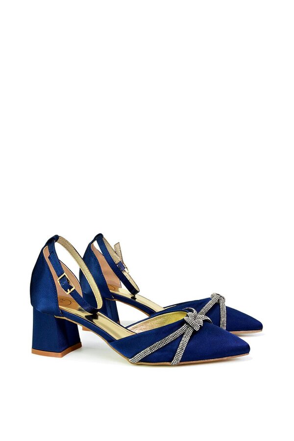 XY LONDON Ankle Strap Pointed Toe Diamante Mid Block Heels