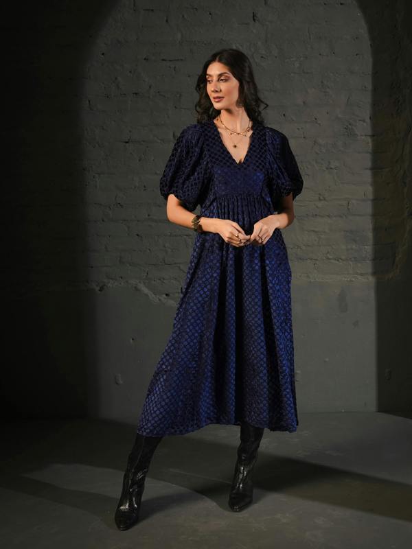 Rose & Nancy Margot Navy Velvet Polka Dot Maxi Dress