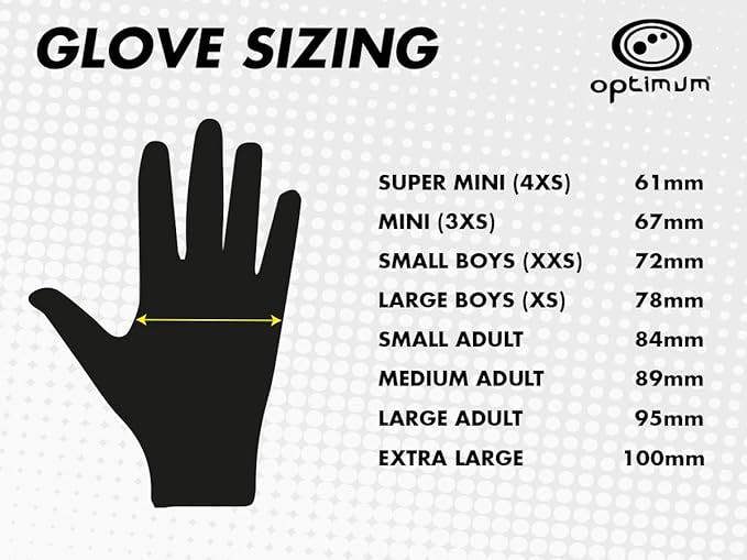 Optimum glove sizing chart with black hand silhouette and full size measurements on white - Optimum