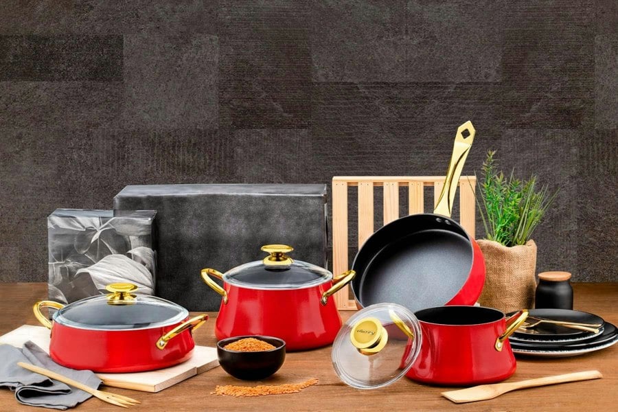 Rozi Dora Collection 7-Piece Non-Stick Granite Cookware Set (Red)