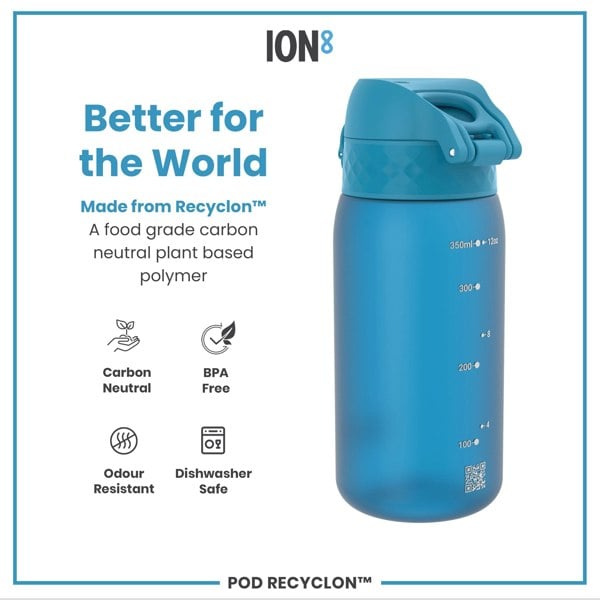 A blue water bottle sits on a white background; it is made from a plant-based polymer and is dishwasher safe.