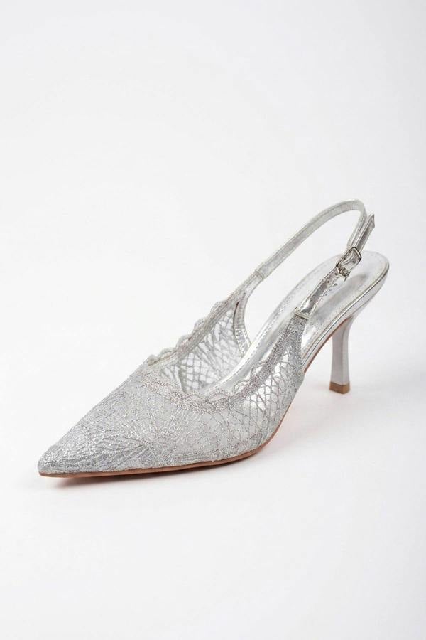 Saoirse Pointed Toe Lace Slingback Heels - Silver