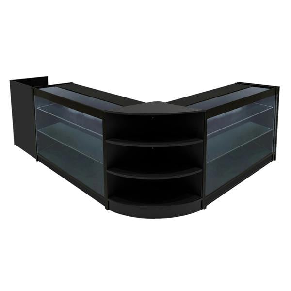Black Astro LED Shop Counter Set featuring sleek glass shelves, curved design, and modern lighting for retail display
