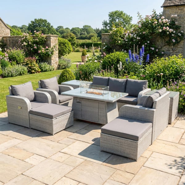 Fimous 7 Seater Rattan Garden Furniture Set with Sofa, Love Seat, 2 Reclining Chairs, Fire Pit Table, 2 Footstools & 2 Side Tables - Light Grey
