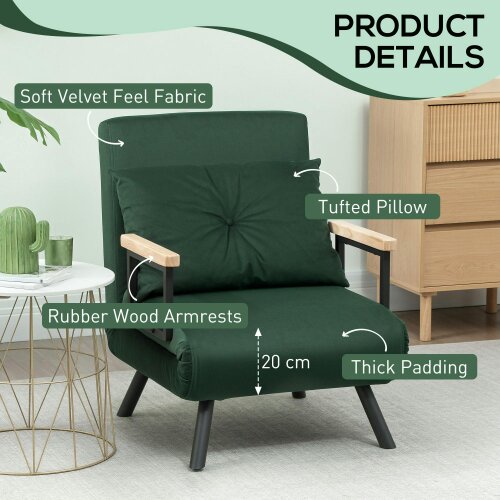 Wyld Haus Zifayo Velvet Green 4 In One Convertible Single Chair Bed With Cushion