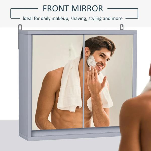 Grey wall mirror cabinet with front mirrored doors for grooming
