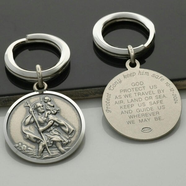 Christopher James of London Antique Finish Sterling Silver 27mm St Christopher Keyring With Travellers Prayer and Optional Engraving