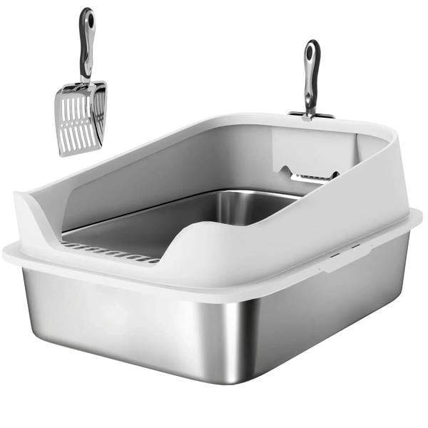 Grey stainless steel cat litter box with high sides and metal scoop