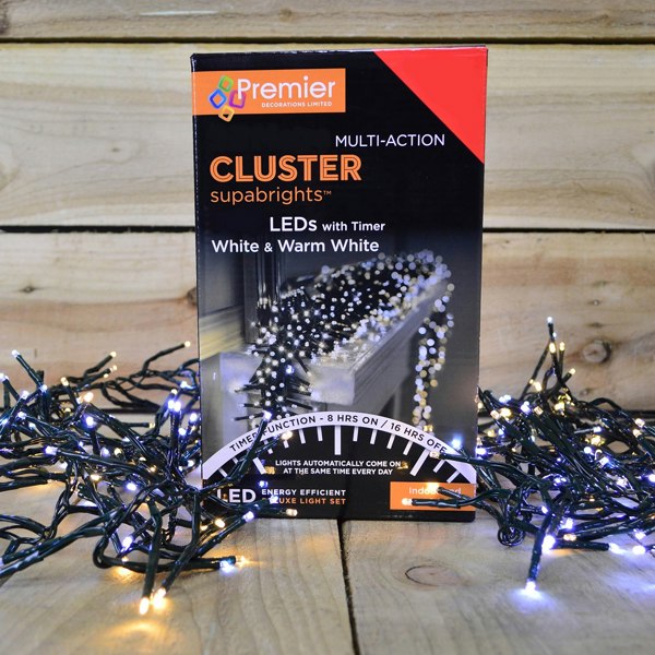 Samuel Alexander 720 LED 9.3m Premier Clusterbrights Indoor Outdoor Multifunction Mains Christmas Cluster Lights with Timer in Cool & Warm White