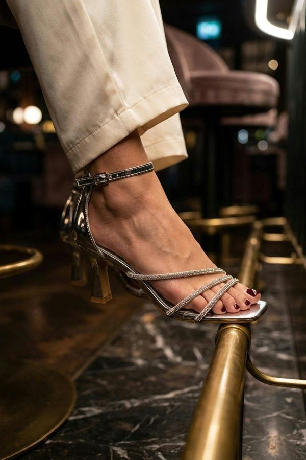 Saoirse Patent Rhinestone Strap Square Sandals - Silver