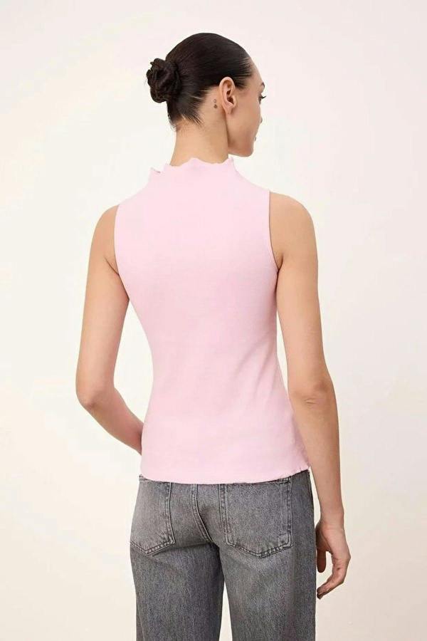 High Neck Long Sleeve Button Front Frill Detail Fitted Blouse