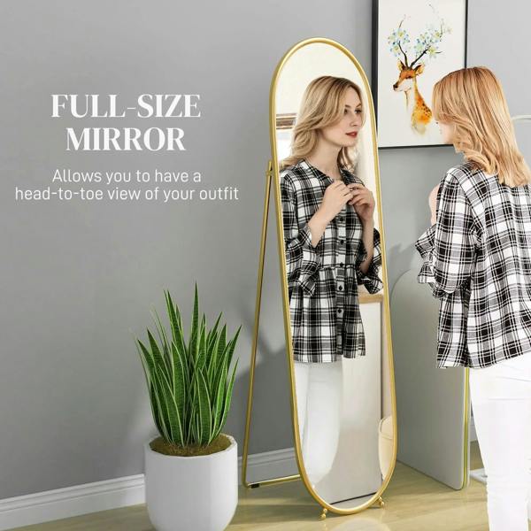 Gold-tone full-length two-way oval mirror with arched top and slim metal frame.